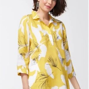 Chico's 100% Linen Yellow White Tropical Floral Tunic Top Resort Beach Sz Small